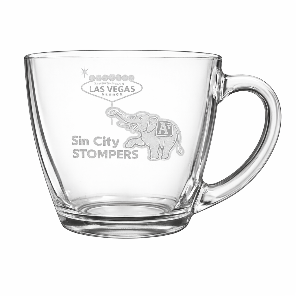 Engraved Elephant Vegas Crest Glass Mug — 15.5 oz Tapered Coffee Cup