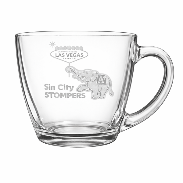 Engraved Elephant Vegas Crest Glass Mug — 15.5 oz Tapered Coffee Cup