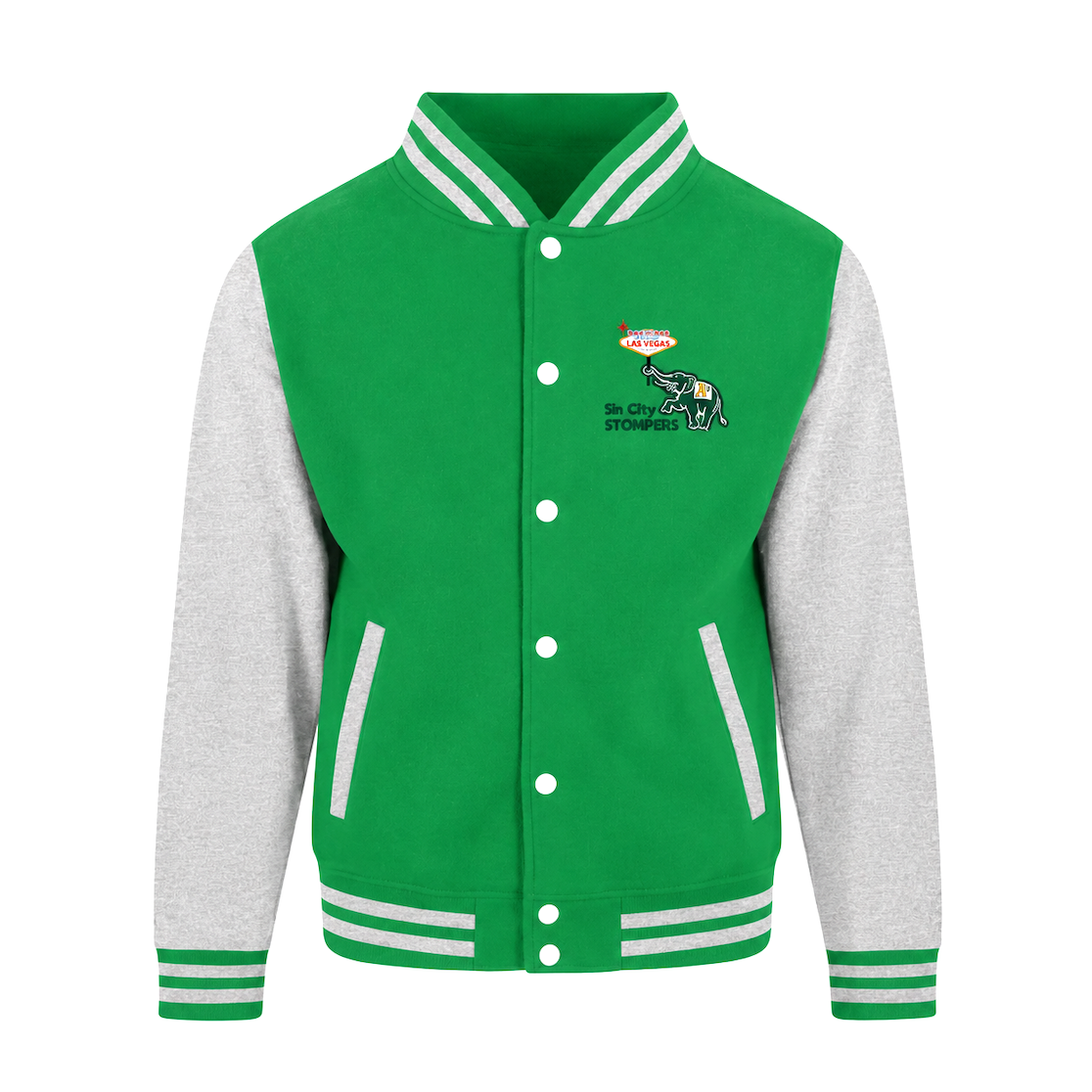 Sin City Stompers Letterman Jacket. Kelly Green/Heather Grey